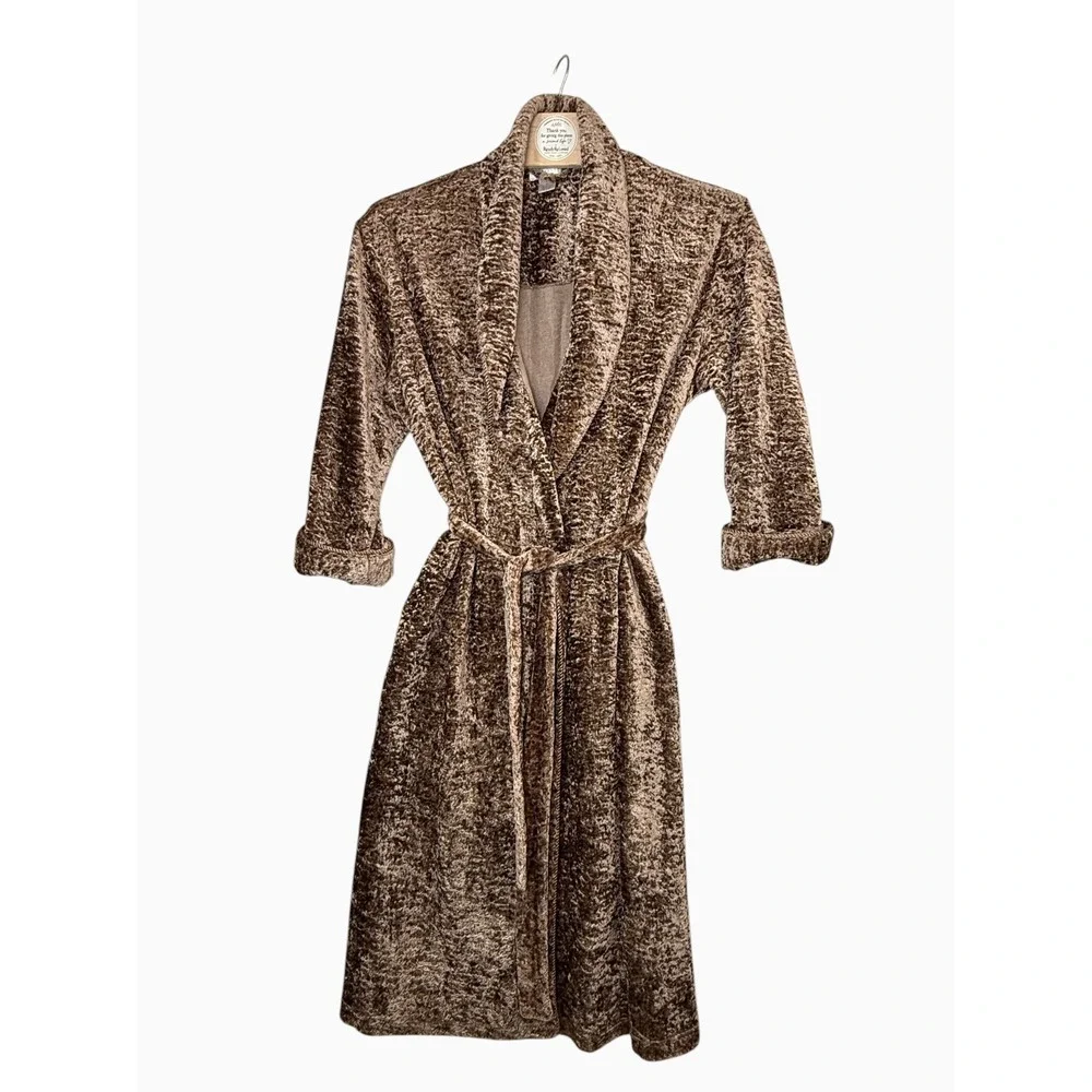 Cabernet Women's XL Brown Crushed Velvet Long Robe Belted Shawl Collar Vintage